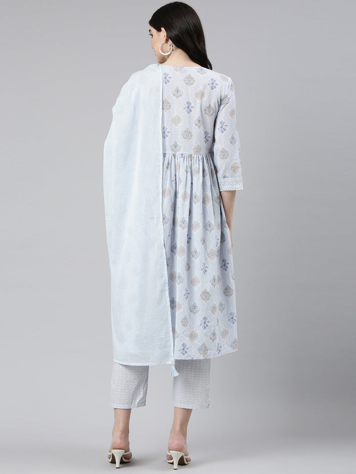 Neerus Blue cotton printed anarkali kurta set - side view