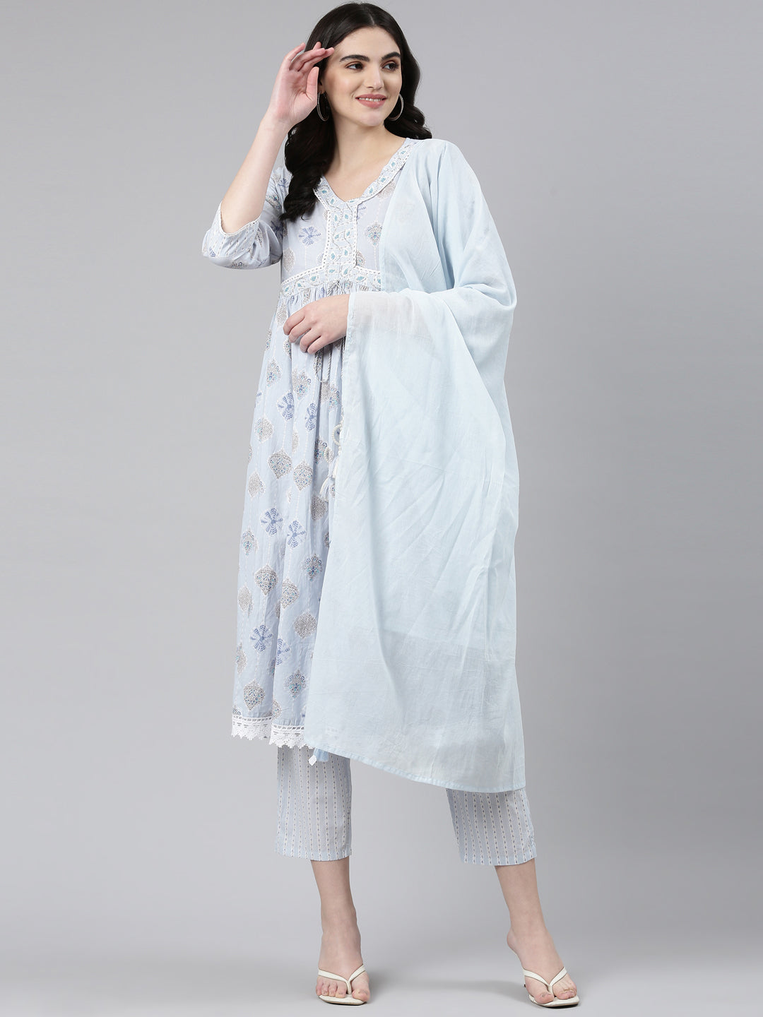 Neerus Blue cotton printed anarkali kurta set - detail view 2