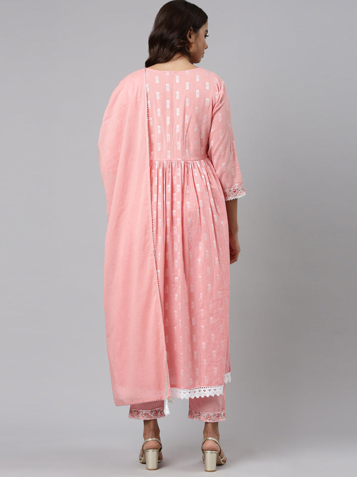 Neerus Pink cotton printed kurta set with trouser and dupatta - side view