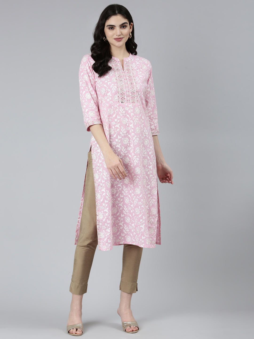 Neerus Pink floral printed straight kurti - front view