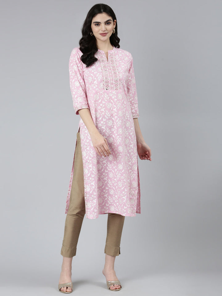 Neerus Pink floral printed straight kurti - front view