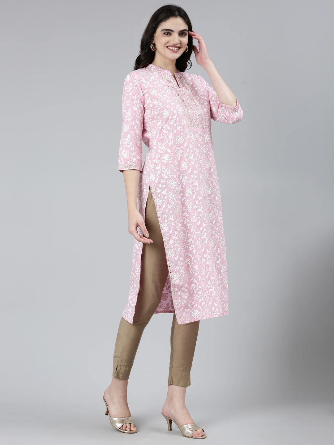 Neerus Pink floral printed straight kurti - back view