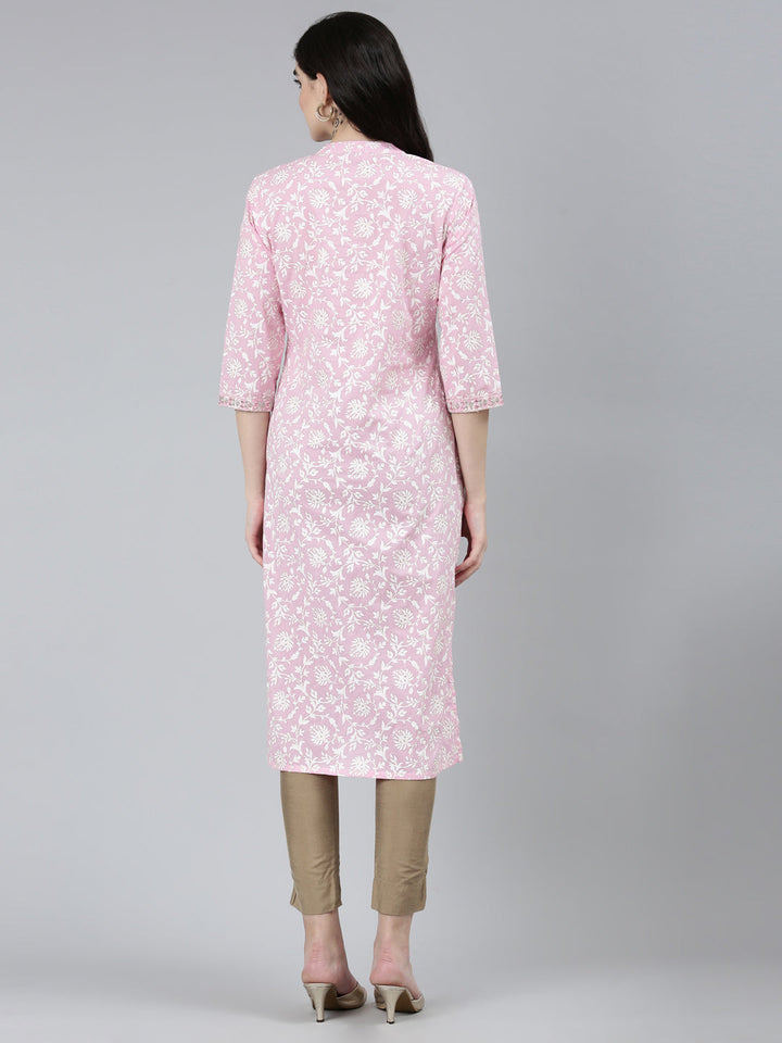 Neerus Pink floral printed straight kurti - side view