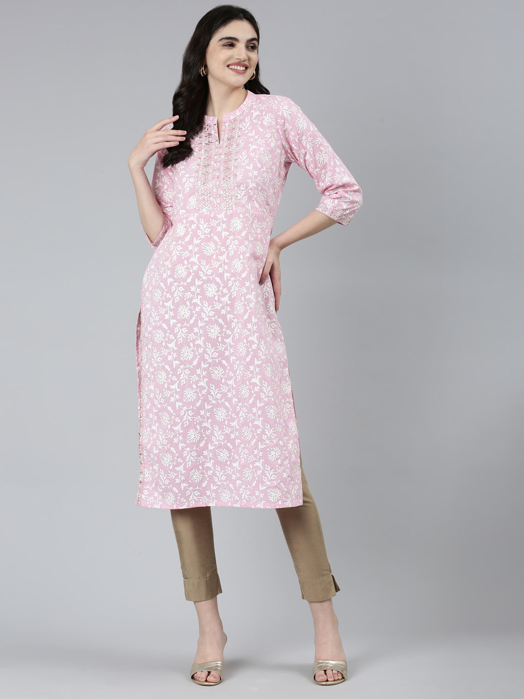 Neerus Pink floral printed straight kurti - detail view 1