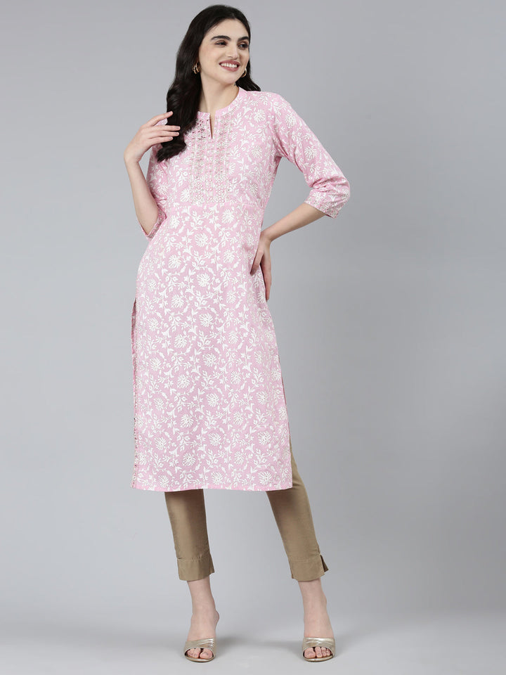 Neerus Pink floral printed straight kurti - detail view 1