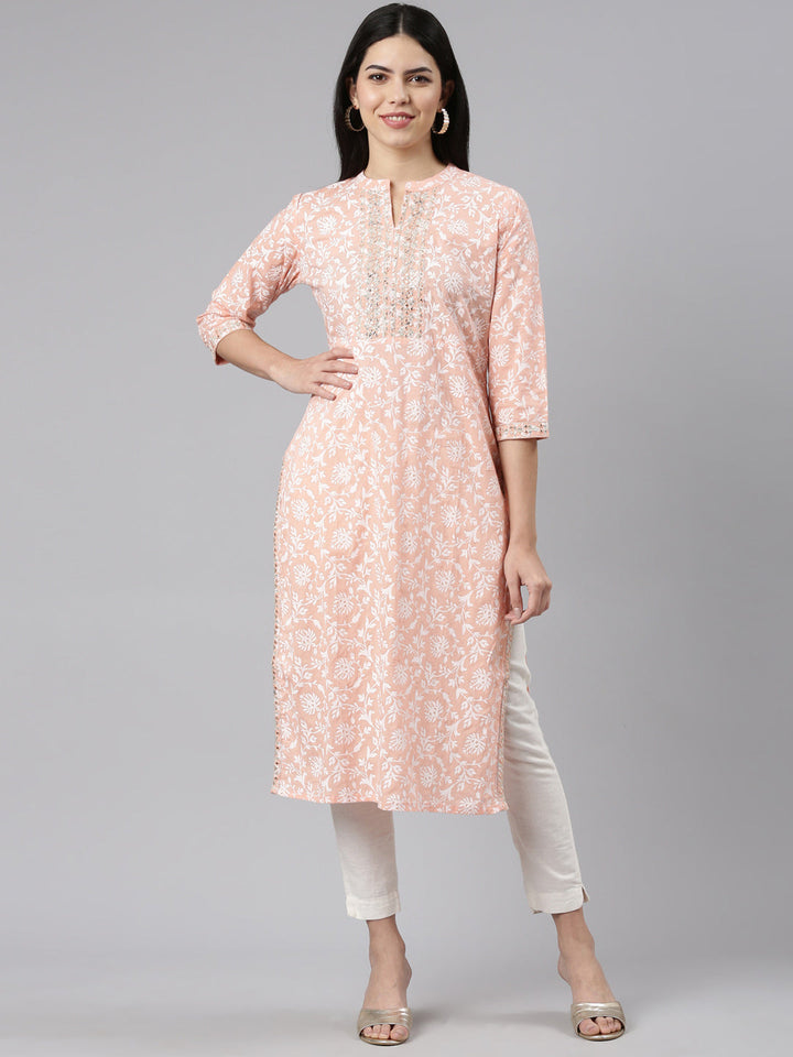 Neerus Orange printed straight kurti - front view