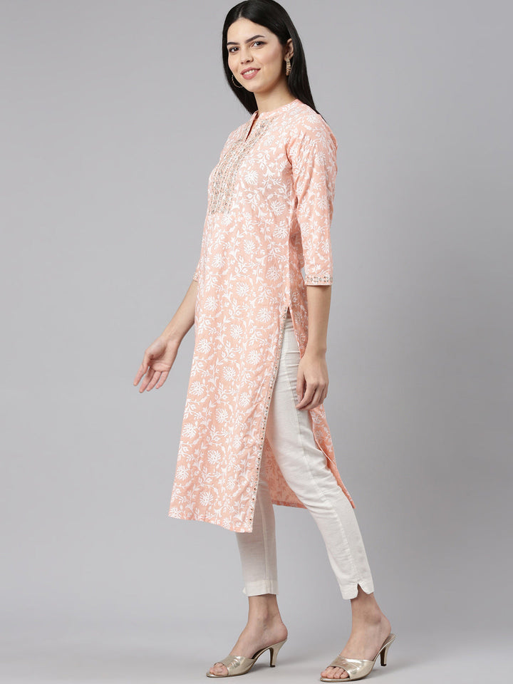 Neerus Orange printed straight kurti - back view