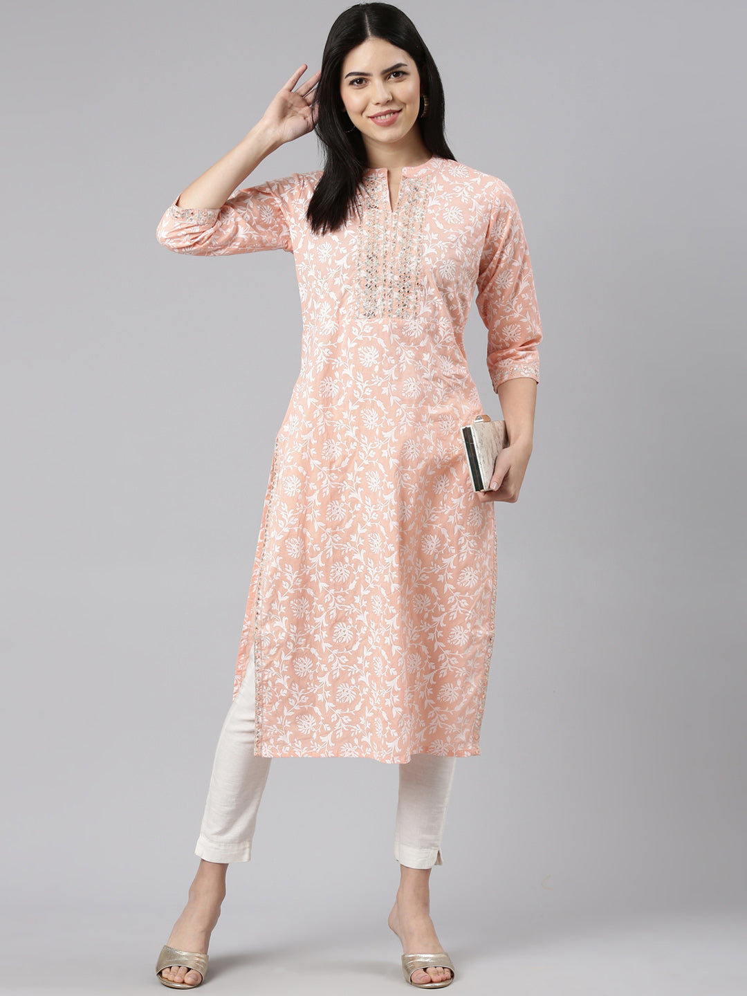 Neerus Orange printed straight kurti - detail view 2