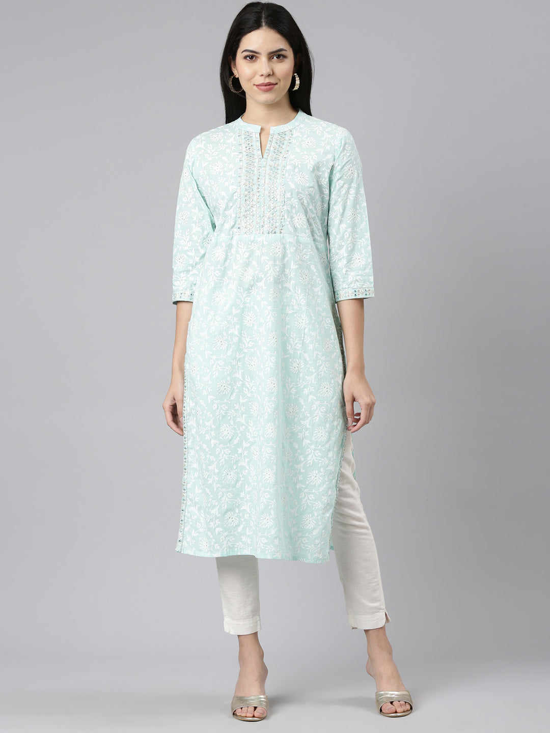 Neerus Green cotton printed straight kurti - front view