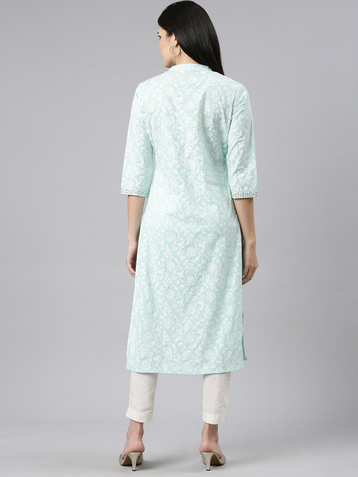 Neerus Green cotton printed straight kurti - side view