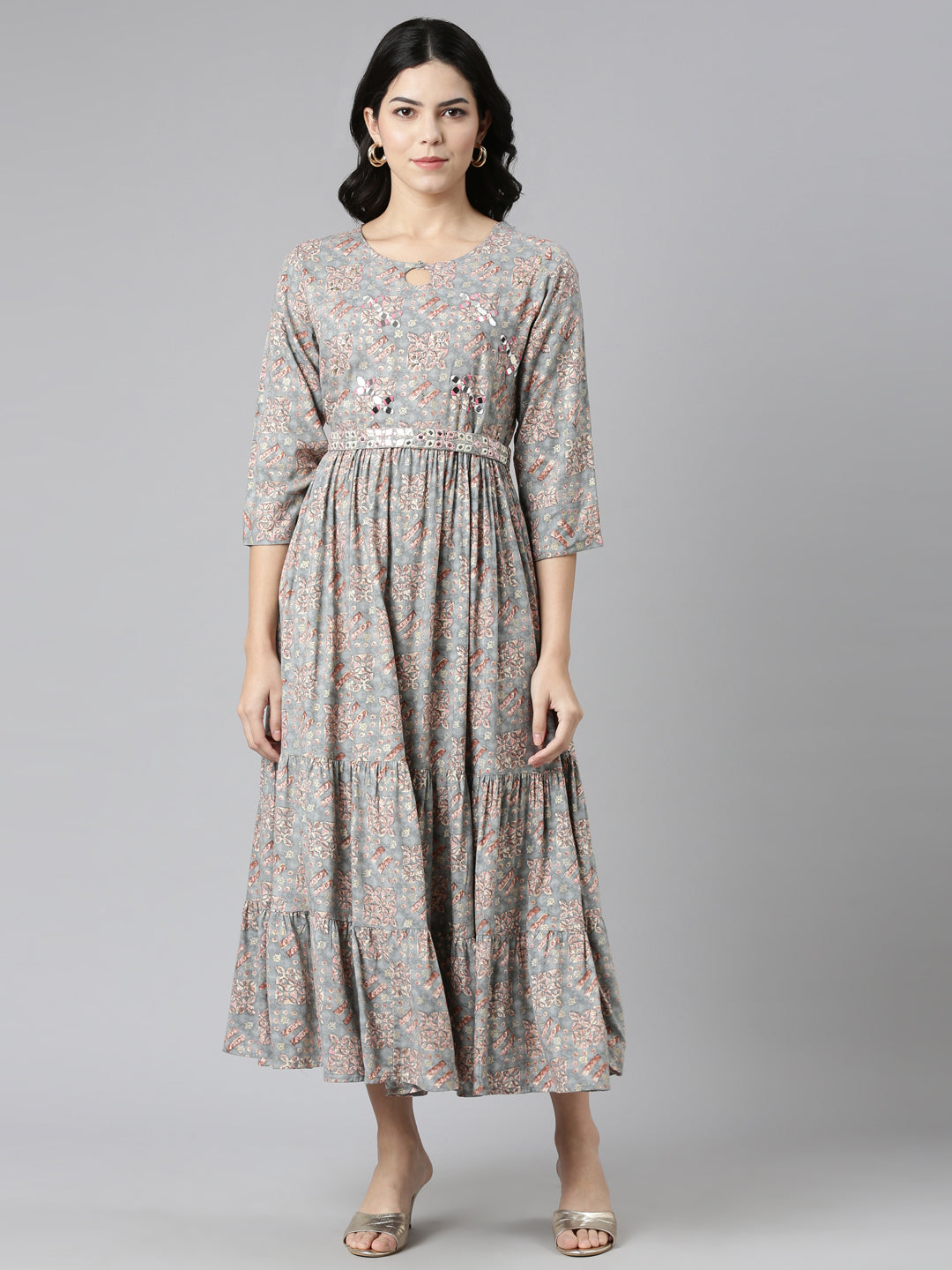 Neerus Grey printed anarkali kurta dress - front view