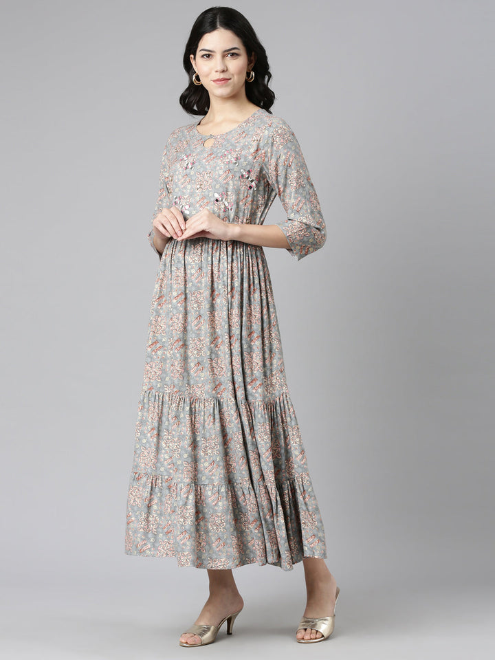 Neerus Grey printed anarkali kurta dress - back view