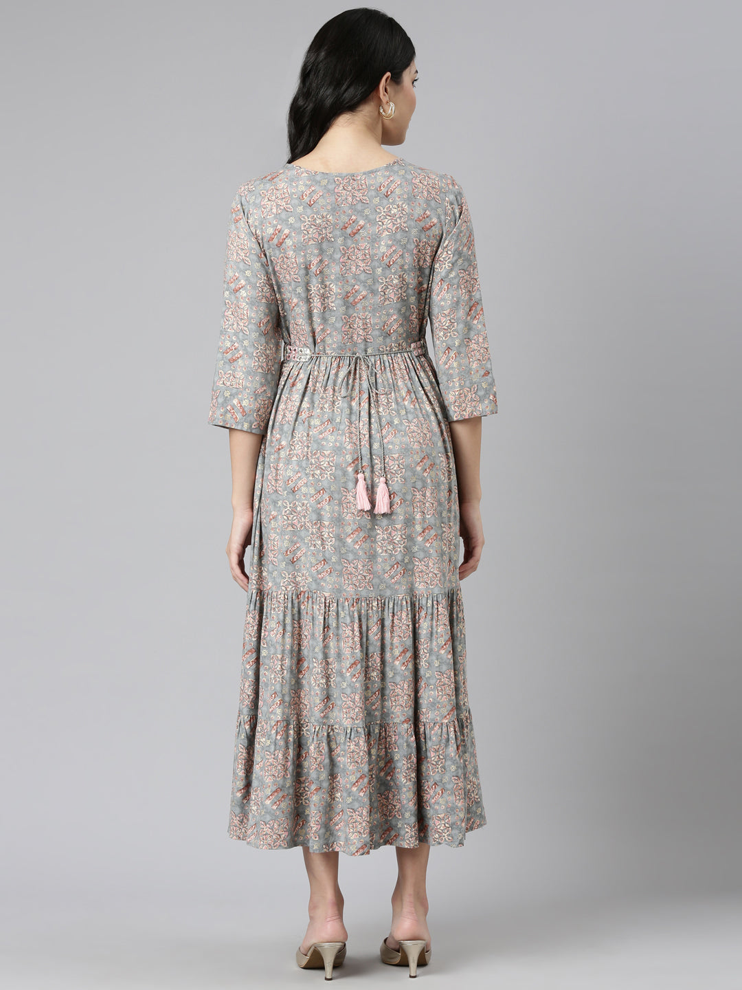 Neerus Grey printed anarkali kurta dress - side view