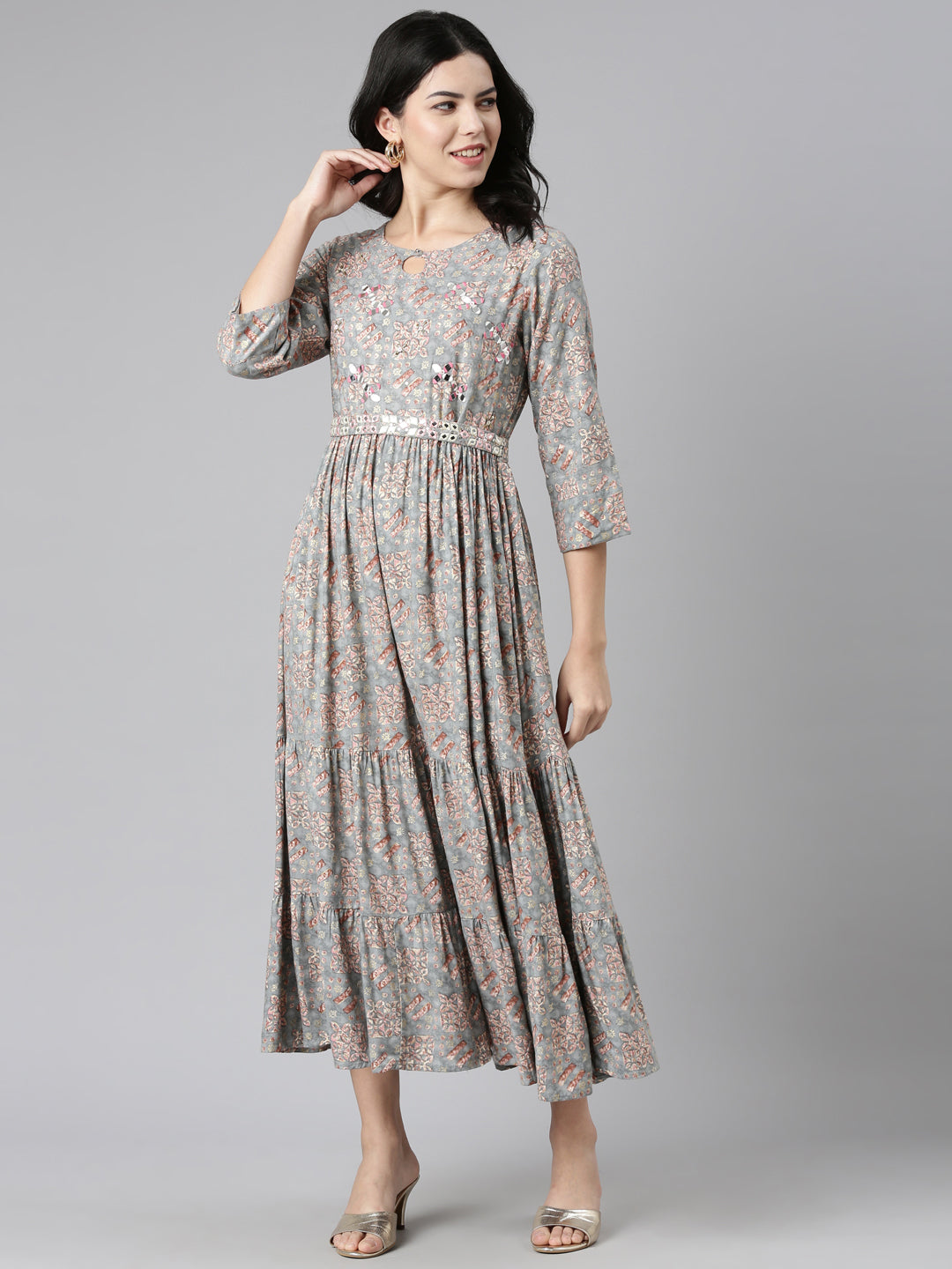 Neerus Grey printed anarkali kurta dress - detail view 2