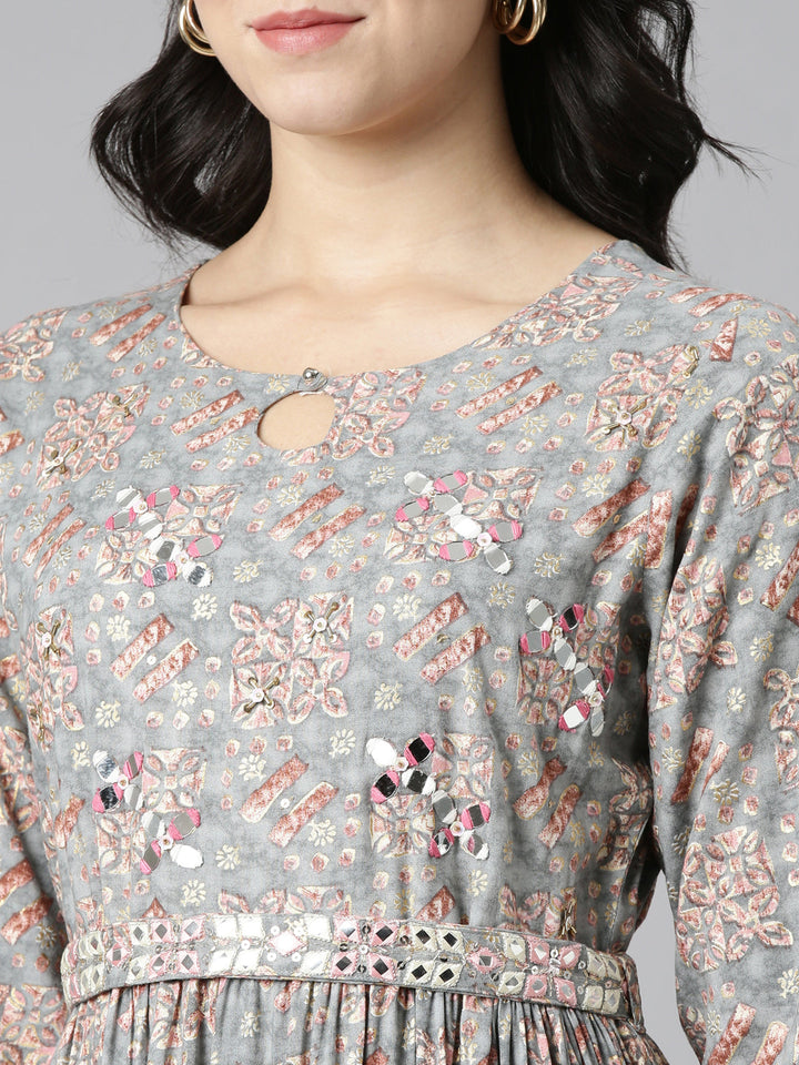 Neerus Grey printed anarkali kurta dress - detail view 1