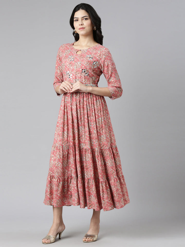 Neerus Pink printed anarkali kurti - back view