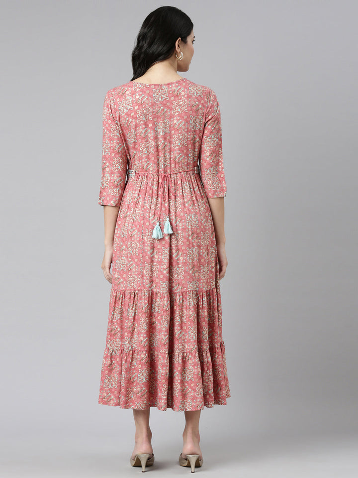 Neerus Pink printed anarkali kurti - side view