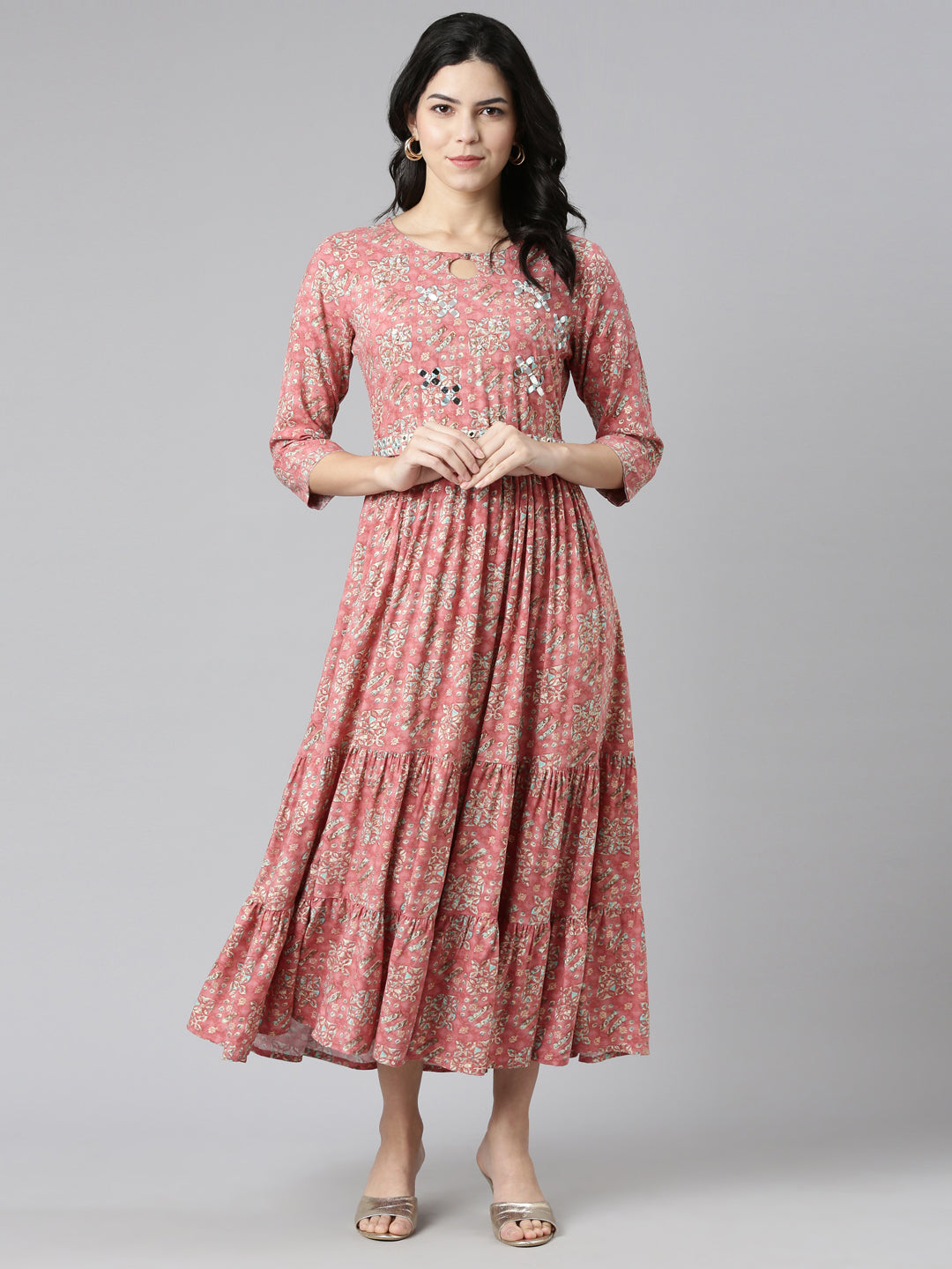 Neerus Pink printed anarkali kurti - detail view 2