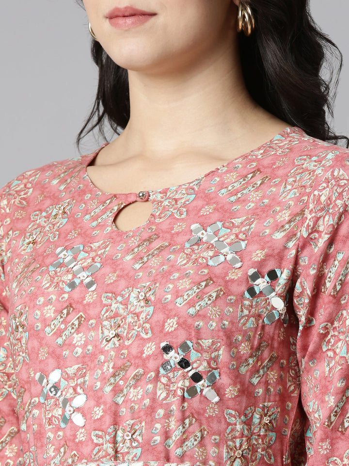 Neerus Pink printed anarkali kurti - detail view 1