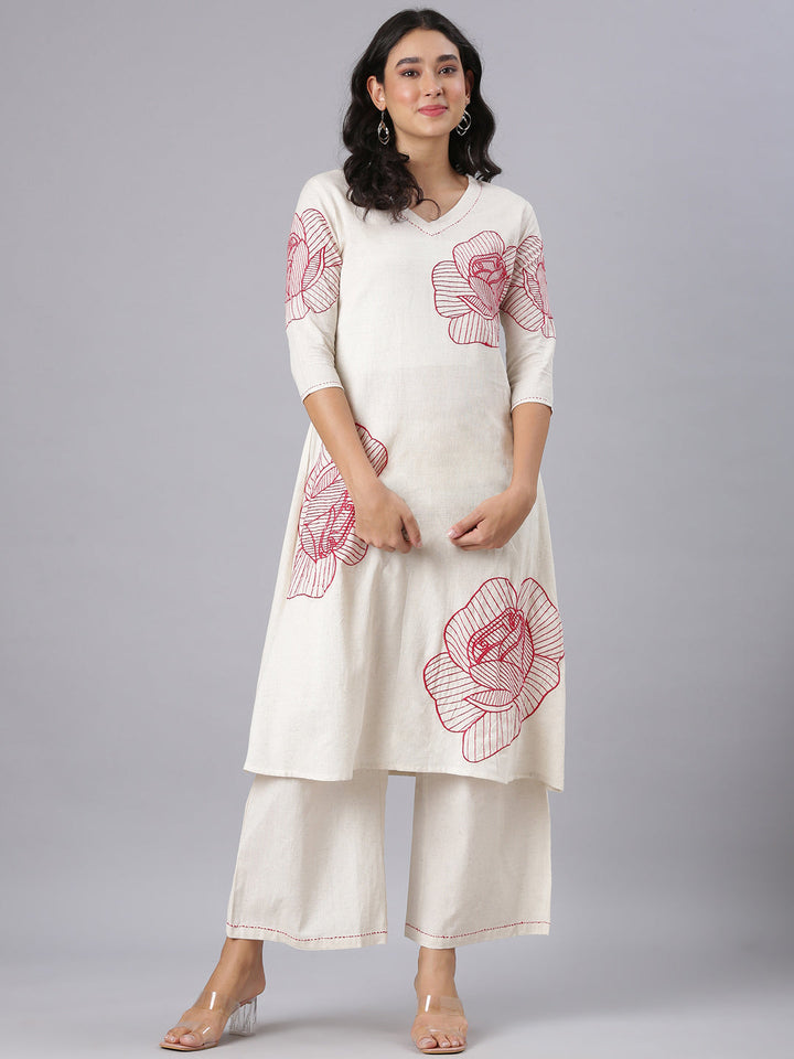 Neerus Red Embroidered Straight Kurta And Palazzos