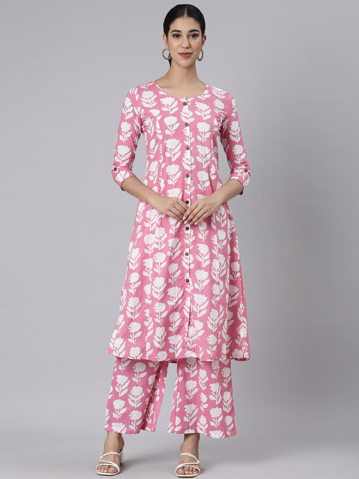 Neerus Pink Printed Straight Kurta and Palazzos