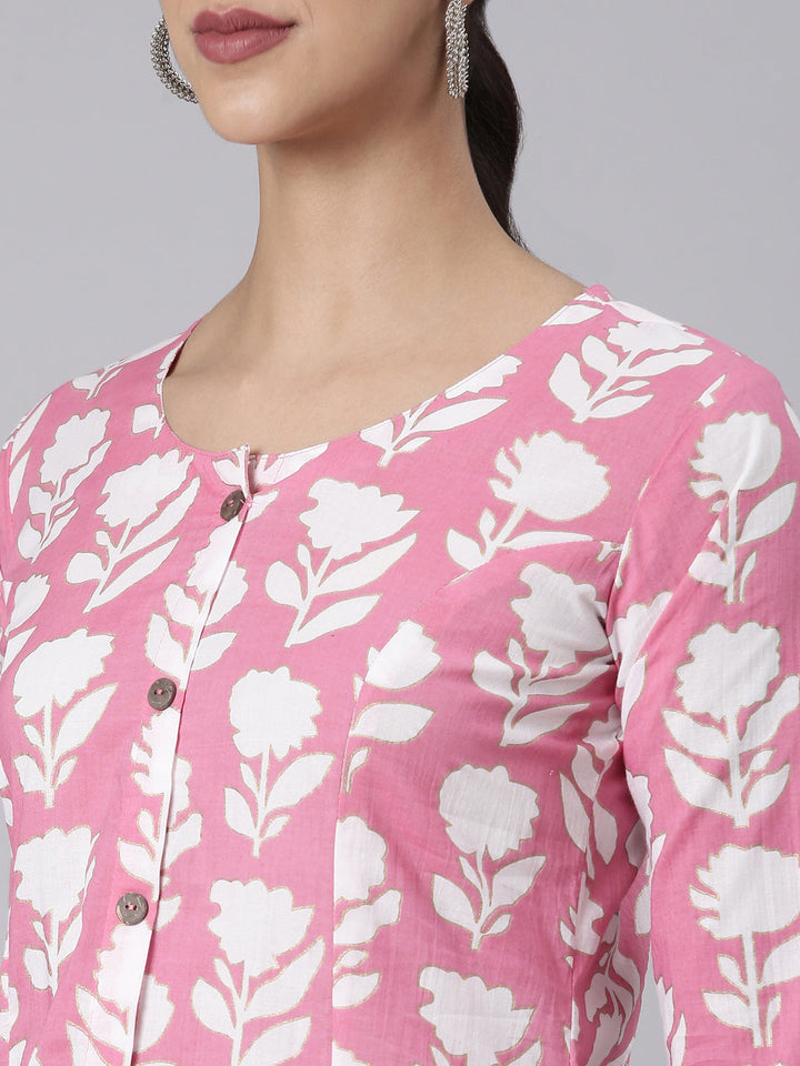 Neerus Pink Printed Straight Kurta and Palazzos