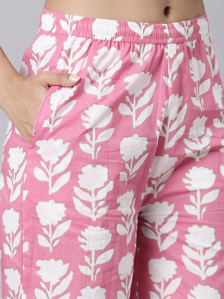 Neerus Pink Printed Straight Kurta and Palazzos