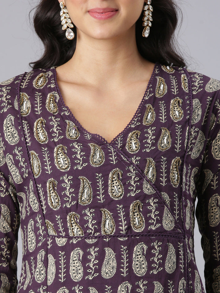 Neerus Purple Printed Straight Kurta And Trousers With Dupatta