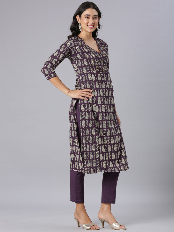 Neerus Purple Printed Straight Kurta And Trousers With Dupatta