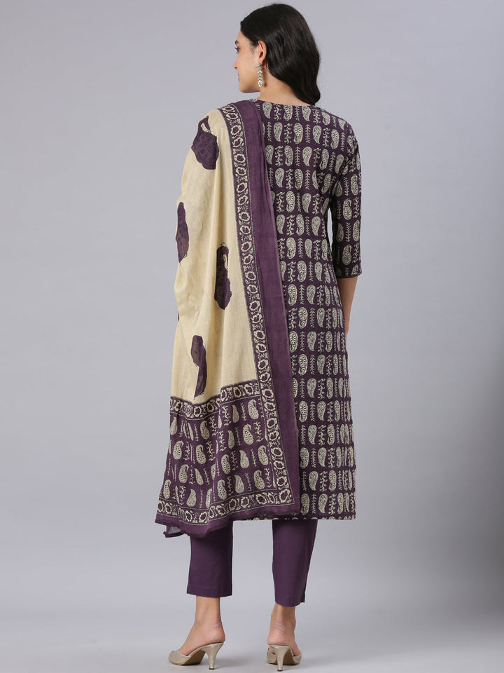 Neerus Purple Printed Straight Kurta And Trousers With Dupatta
