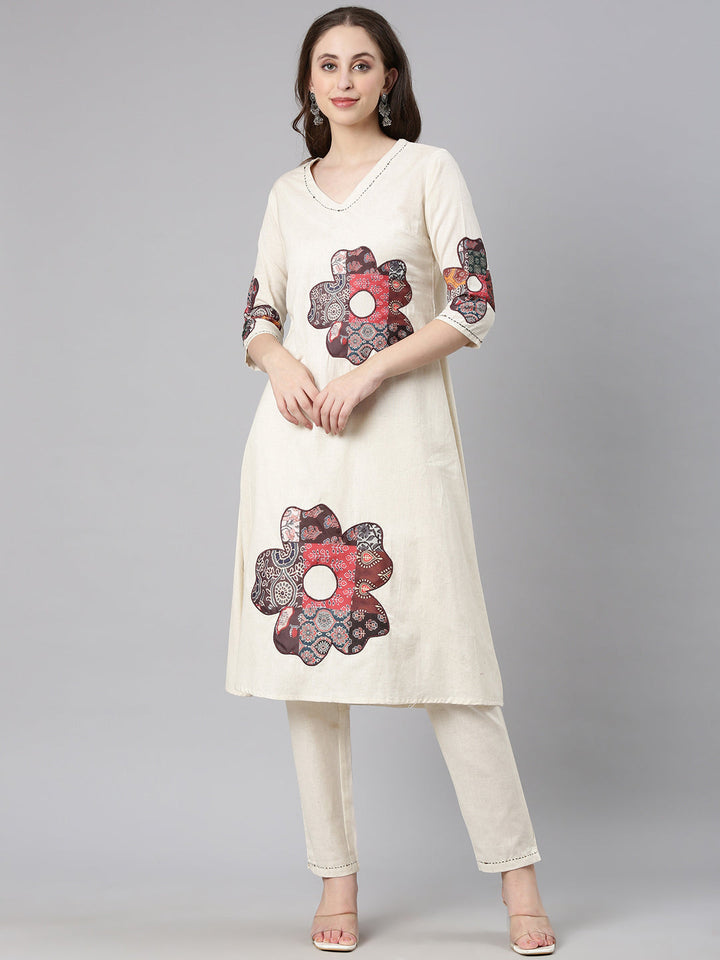 Neerus White linen solid kurta set straight silhouette - front view