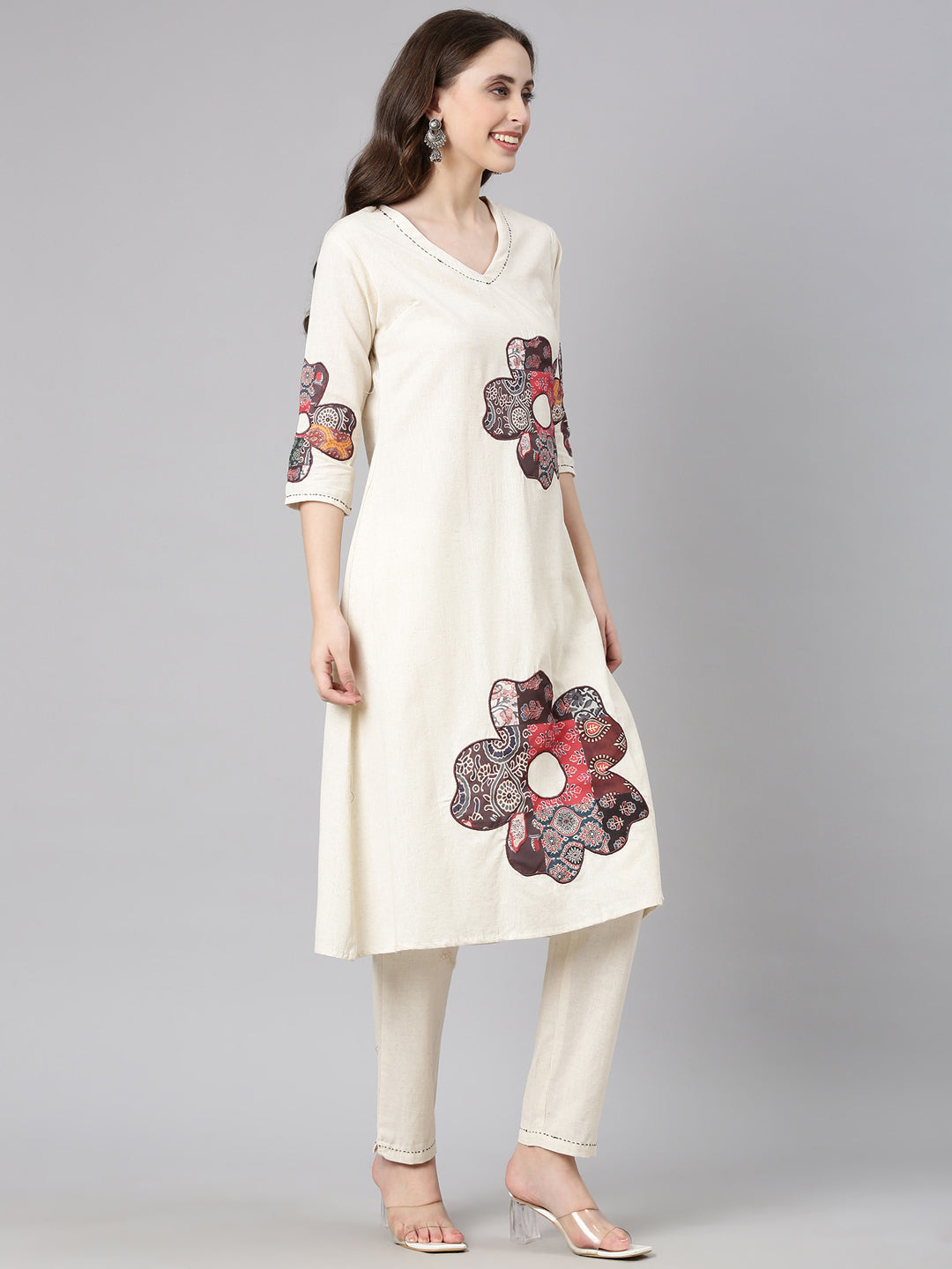 Neerus White linen solid kurta set straight silhouette - side view