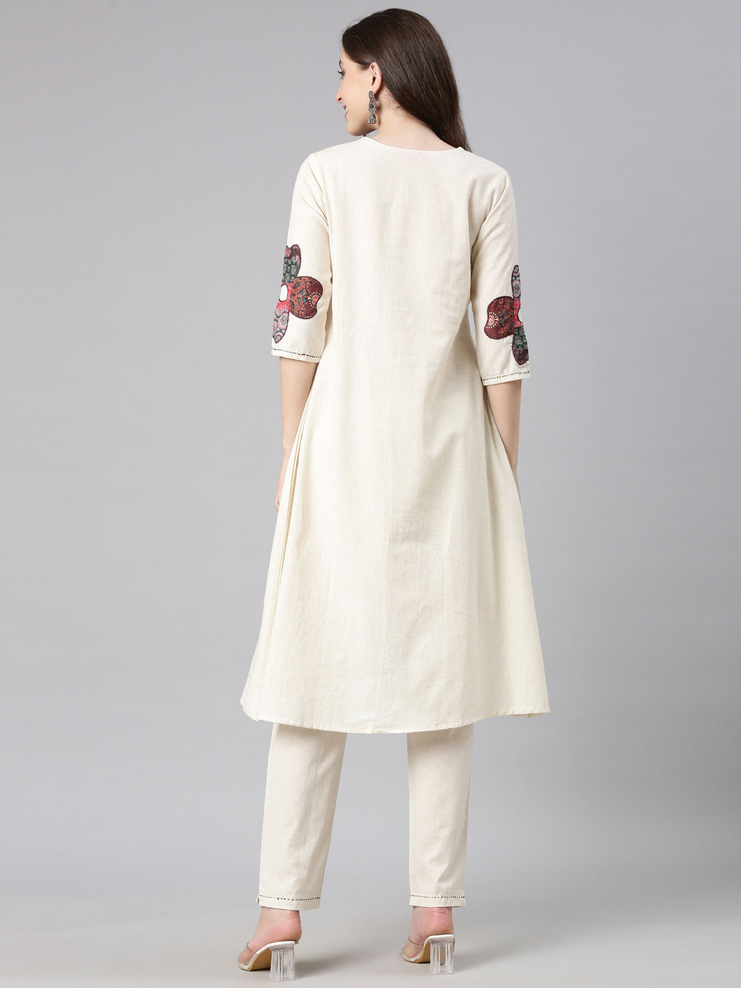 Neerus White linen solid kurta set straight silhouette - detail view 1