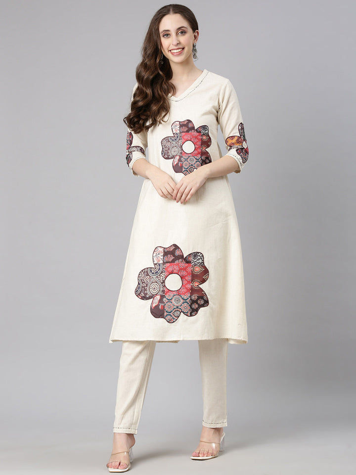 Neerus White linen solid kurta set straight silhouette - detail view 2