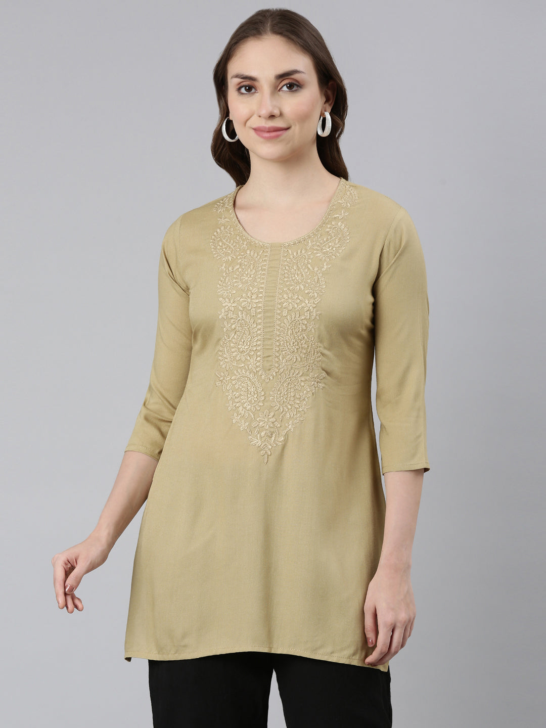 Neerus Beige solid straight kurta - front view
