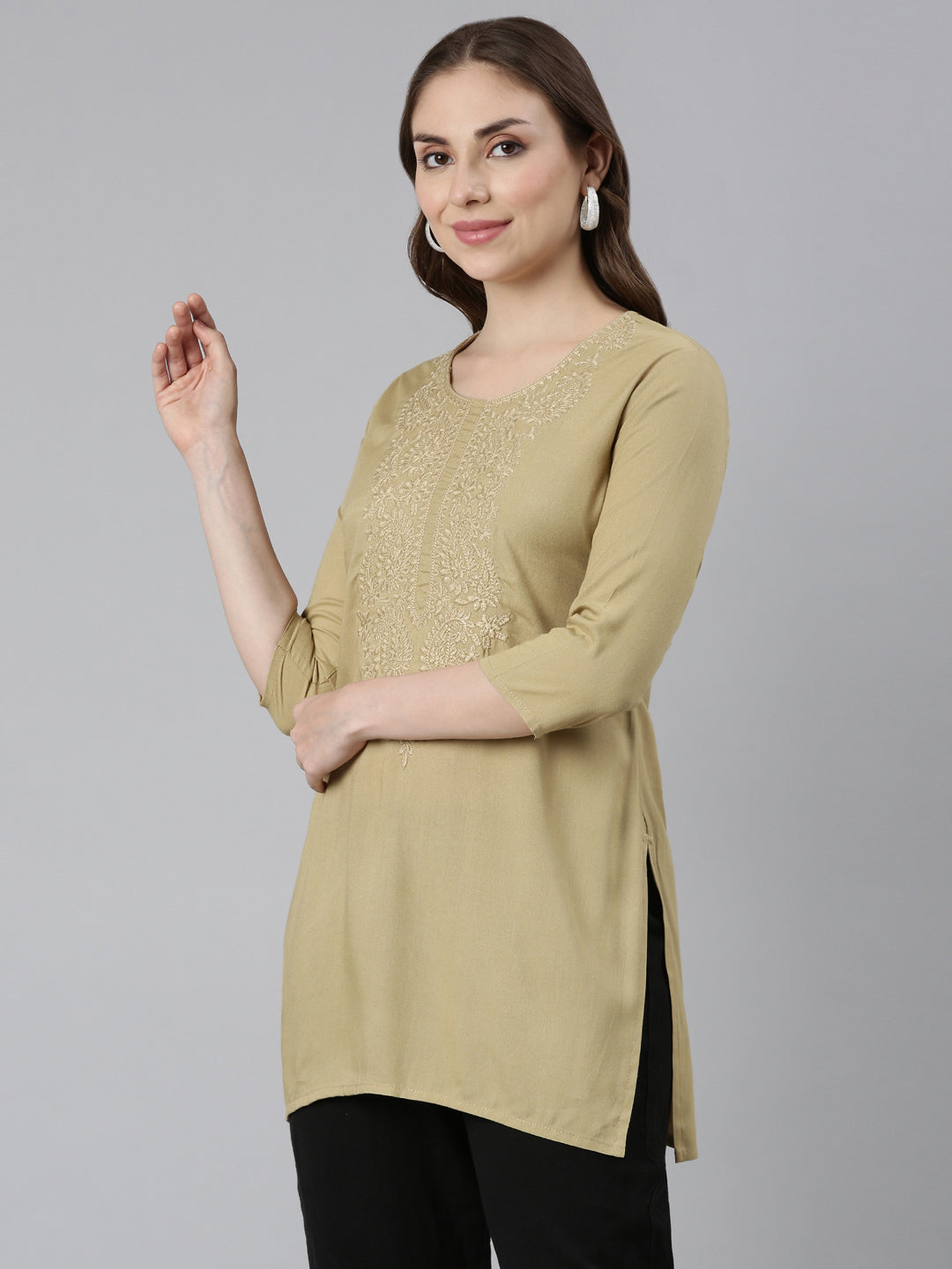Neerus Beige solid straight kurta - back view
