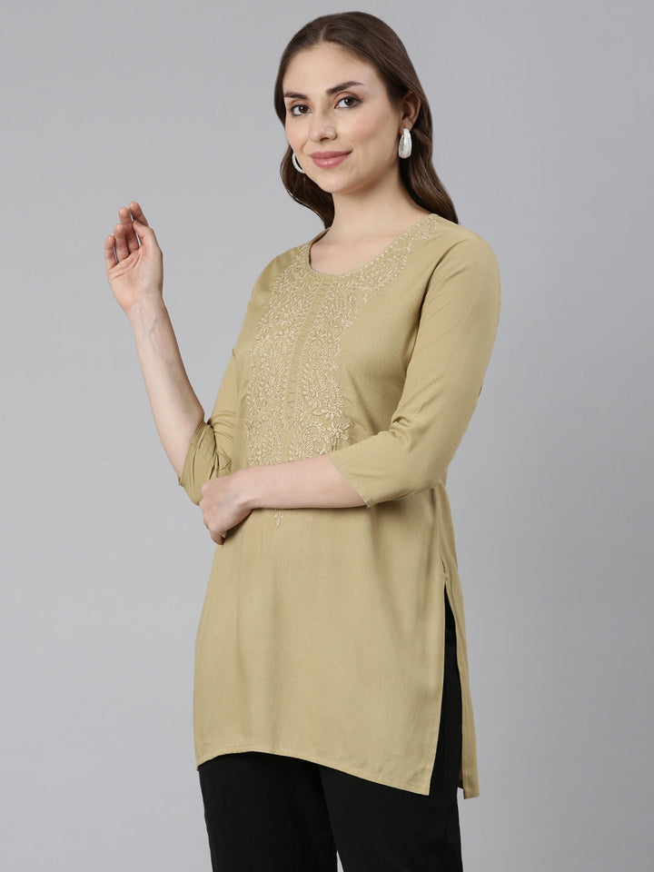 Neerus Beige solid straight kurta - back view