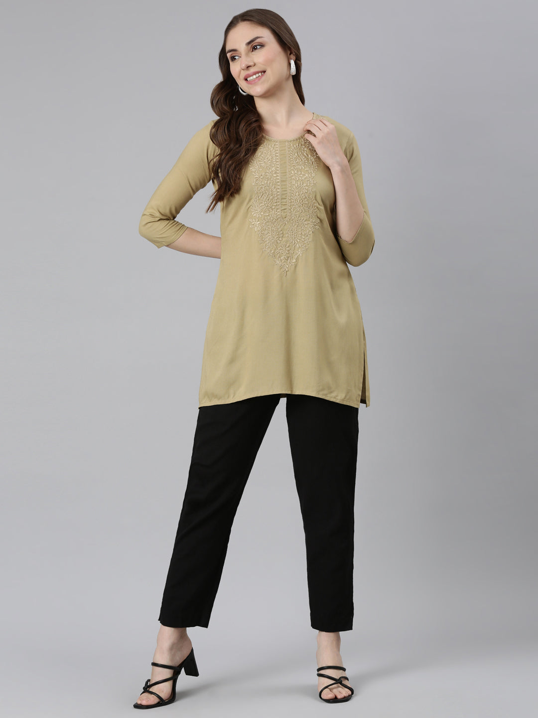 Neerus Beige solid straight kurta - detail view 4