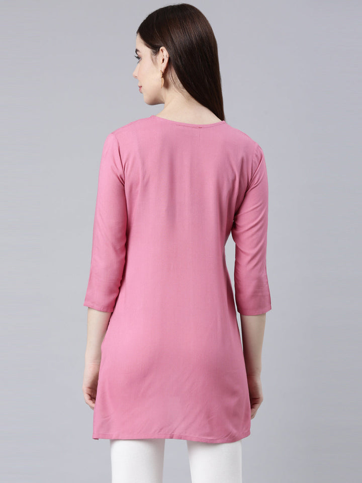 Neerus Pink rayon solid straight kurti - detail view 1