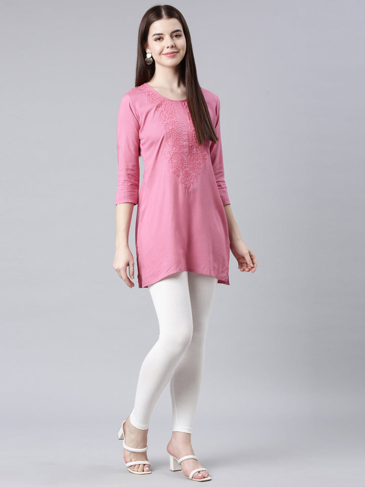 Neerus Pink rayon solid straight kurti - detail view 4
