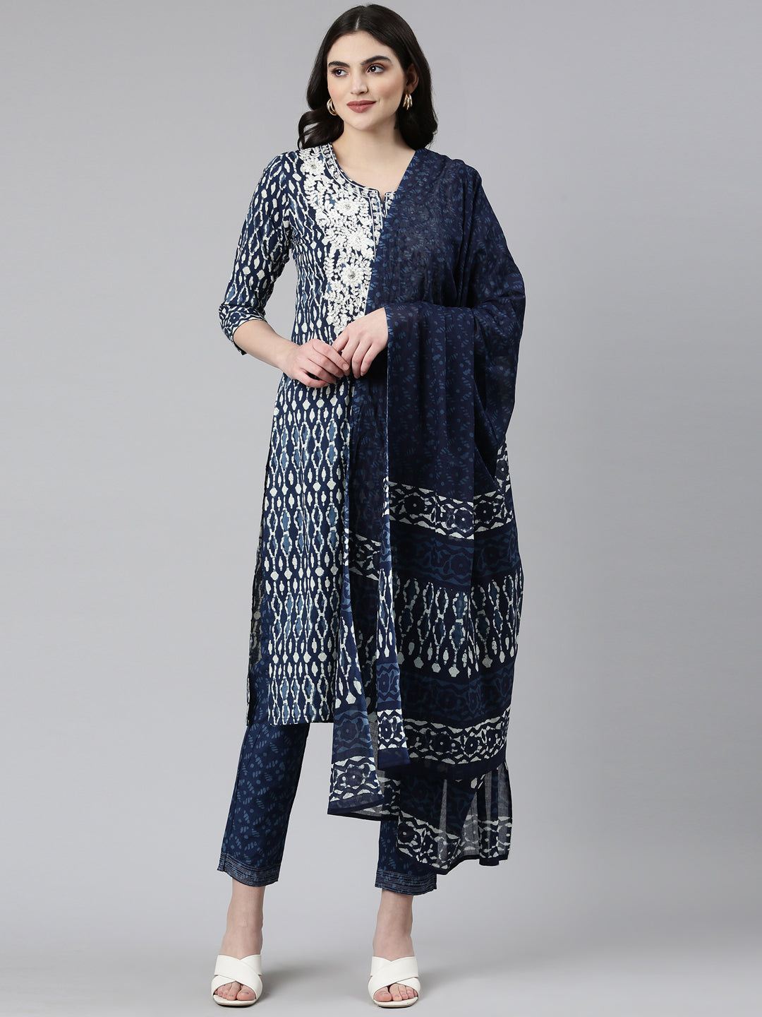 Neerus Blue printed straight kurta set - front view