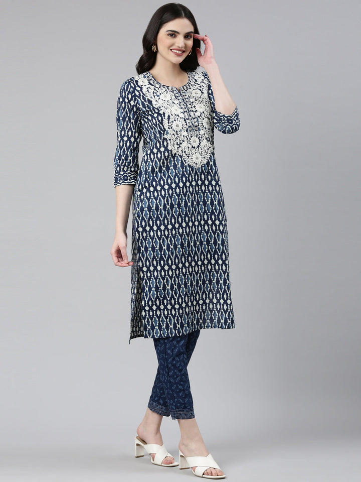 Neerus Blue printed straight kurta set - back view