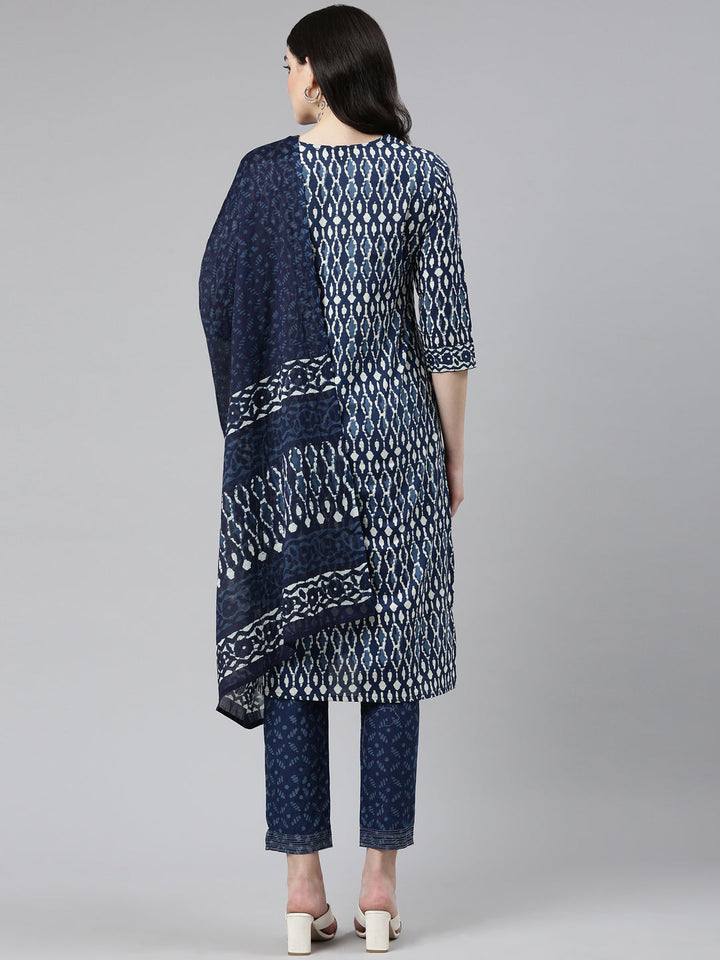 Neerus Blue printed straight kurta set - side view