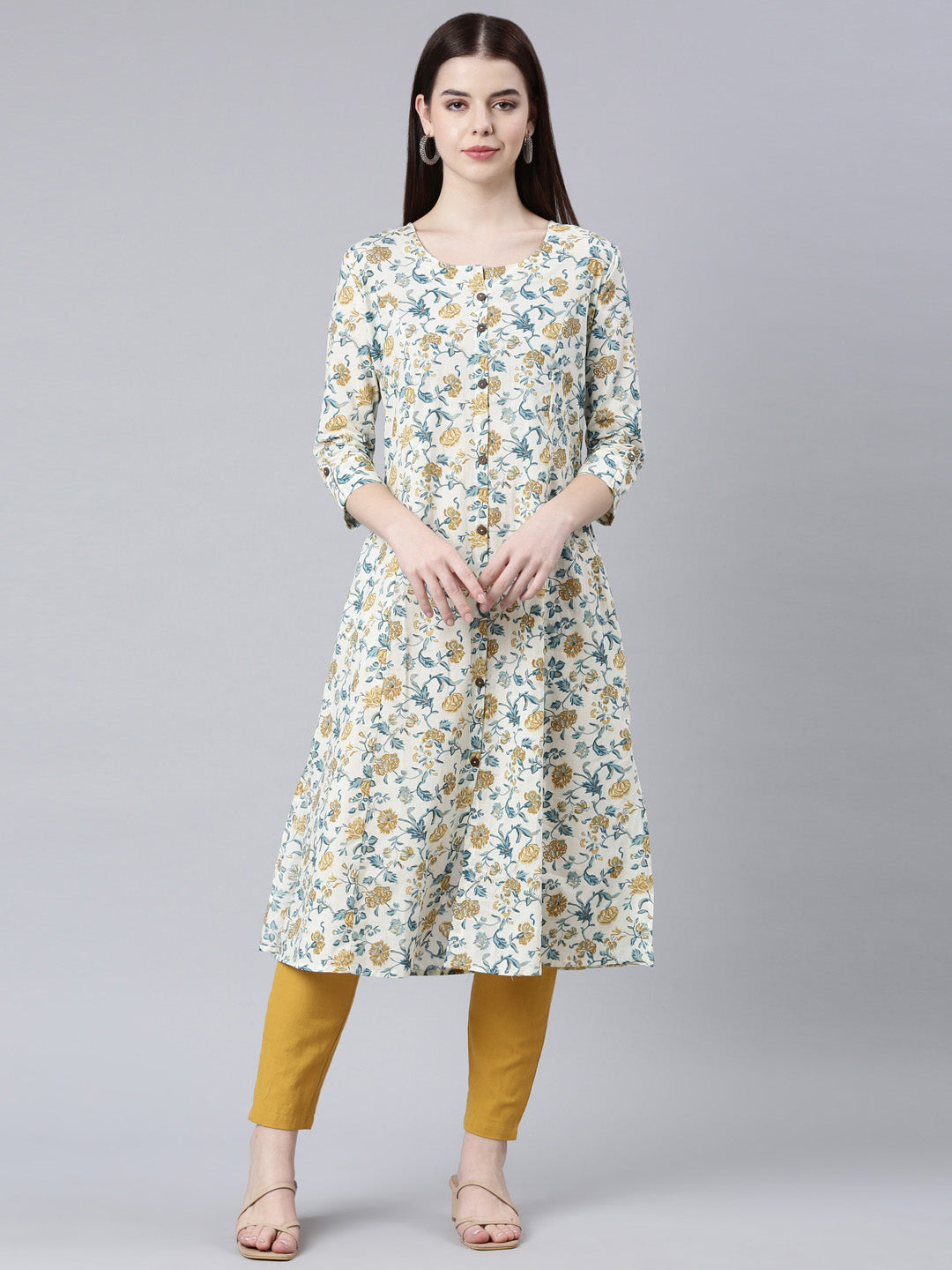 Neerus Yellow floral printed straight kurta - front view
