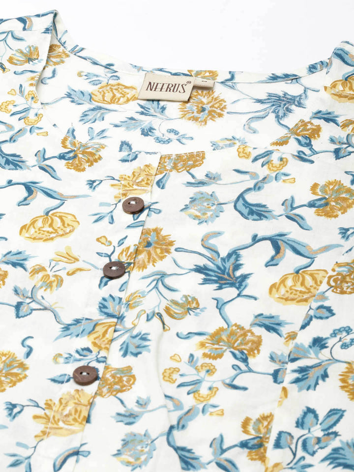 Neerus Yellow floral printed straight kurta - detail view 3