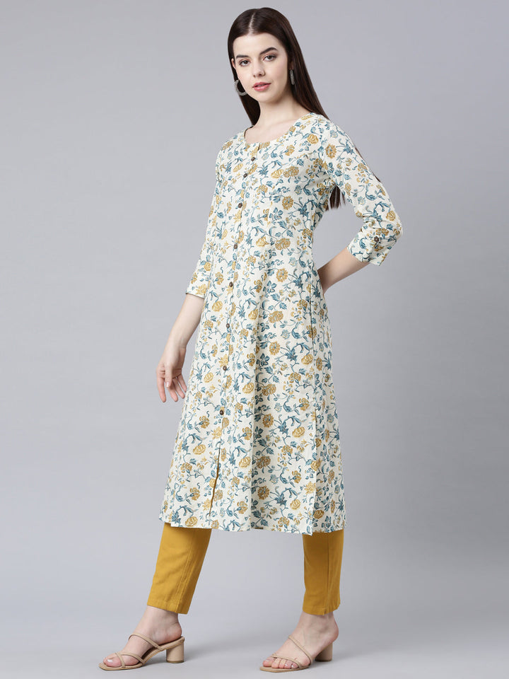 Neerus Yellow floral printed straight kurta - back view