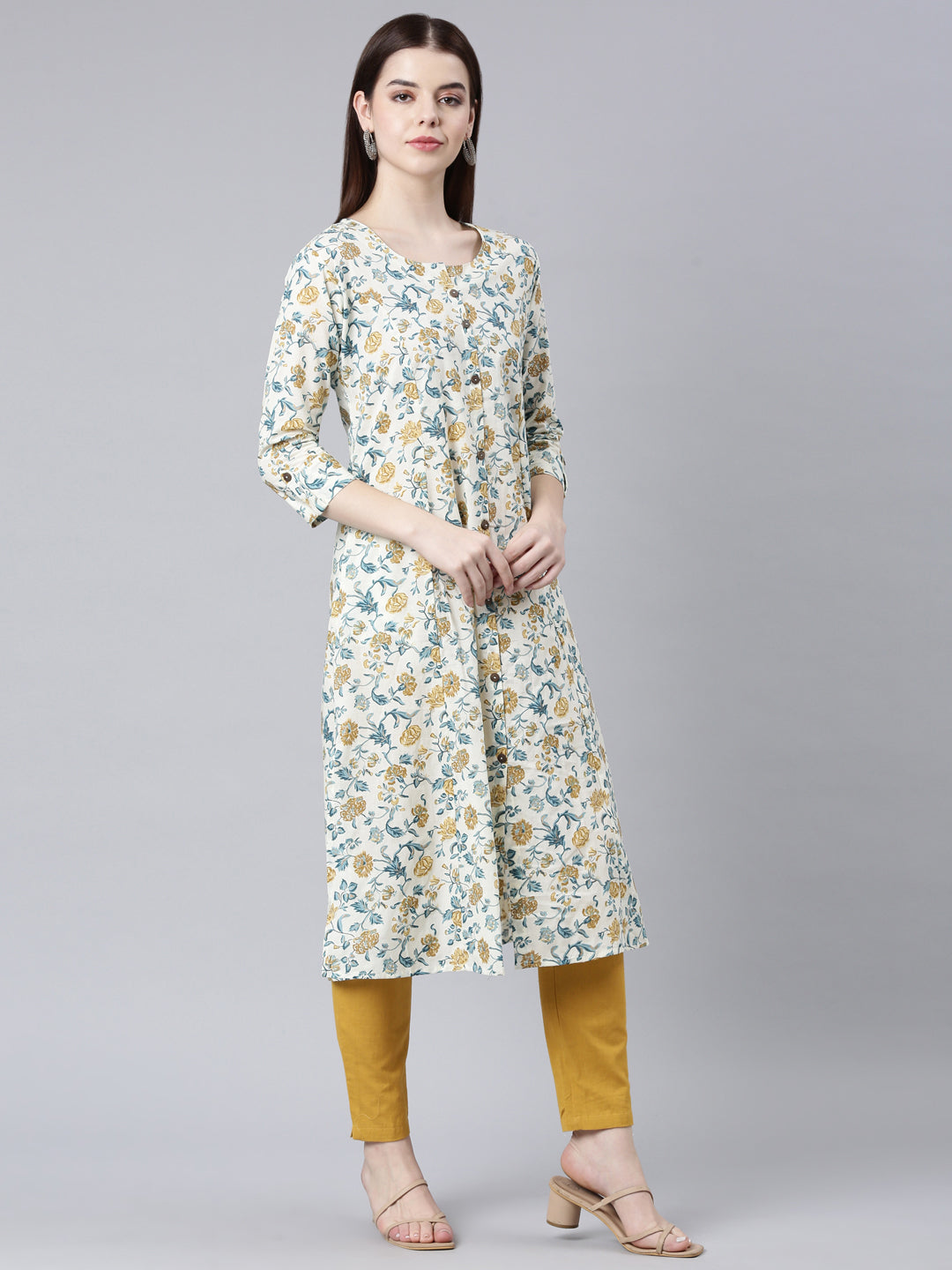 Neerus Yellow floral printed straight kurta - side view