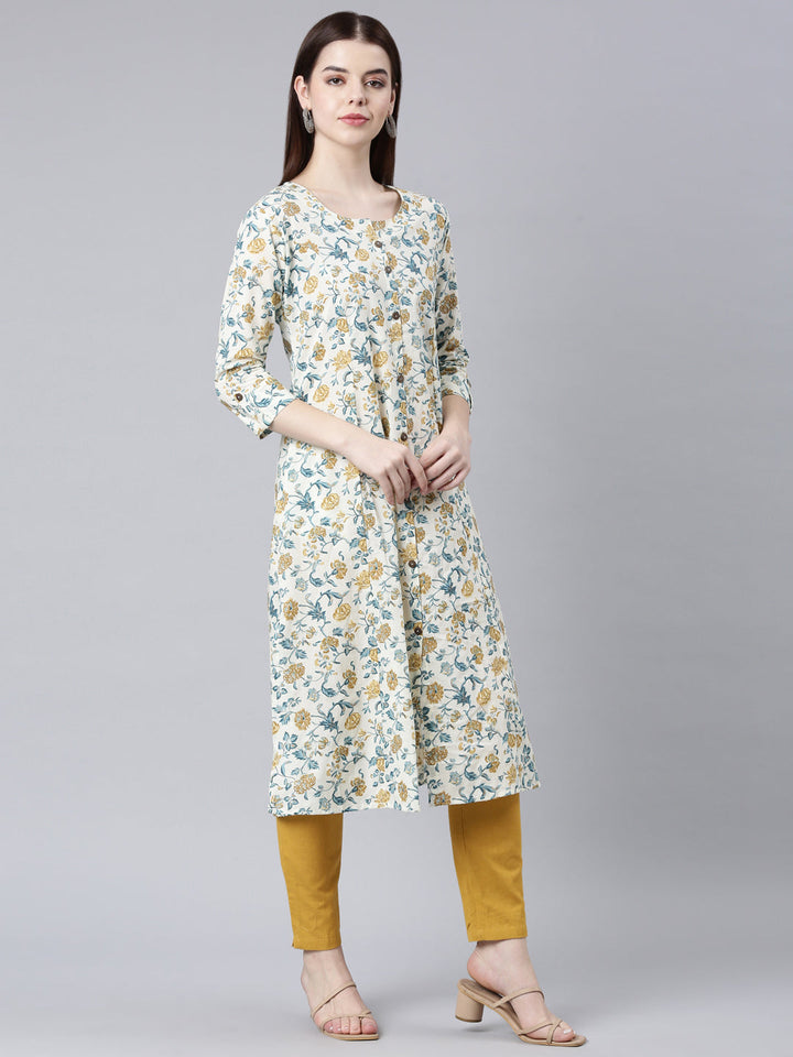 Neerus Yellow floral printed straight kurta - side view