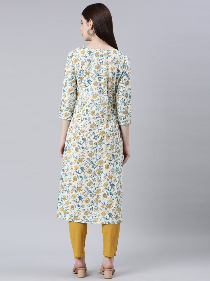 Neerus Yellow floral printed straight kurta - detail view 1