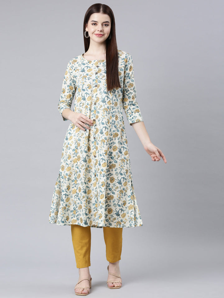 Neerus Yellow floral printed straight kurta - detail view 5